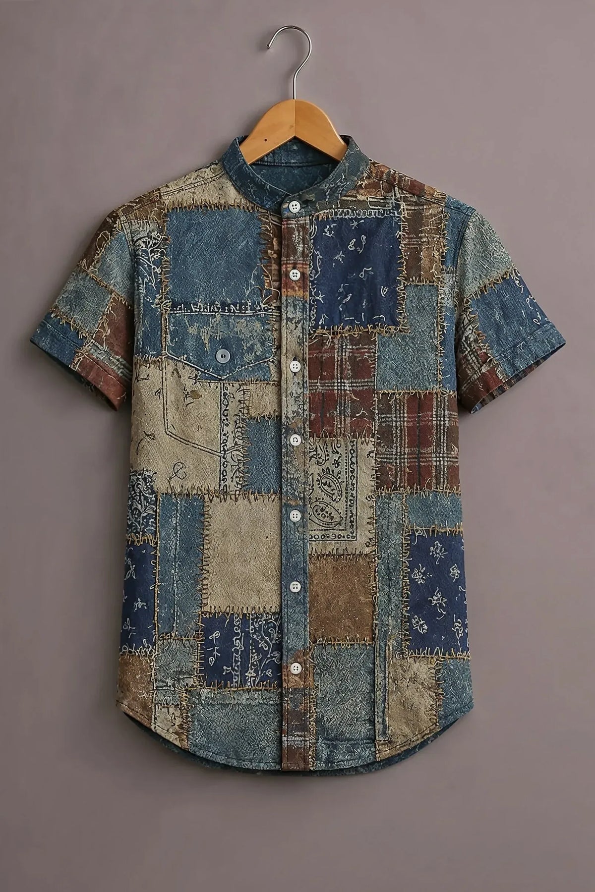 Men's Vintage Patchwork Printed Casual Shirt-Men's Vintage Patchwork Printed Casual Shirt