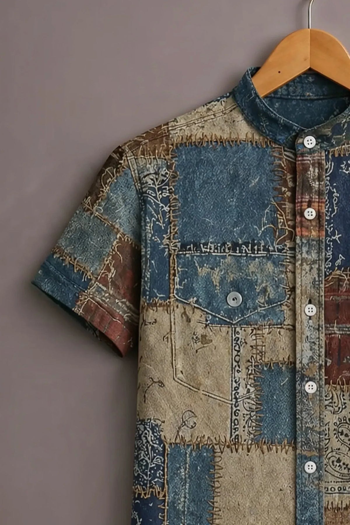 Men's Vintage Patchwork Printed Casual Shirt-Men's Vintage Patchwork Printed Casual Shirt