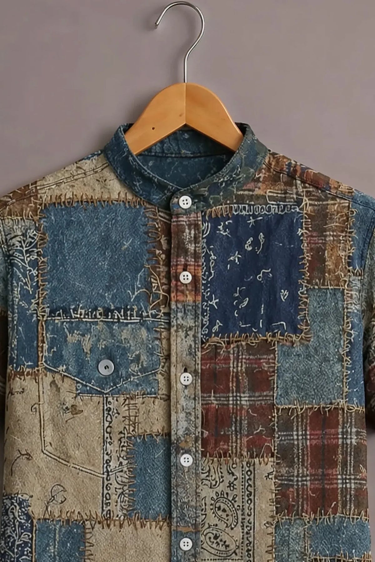 Men's Vintage Patchwork Printed Casual Shirt-Men's Vintage Patchwork Printed Casual Shirt