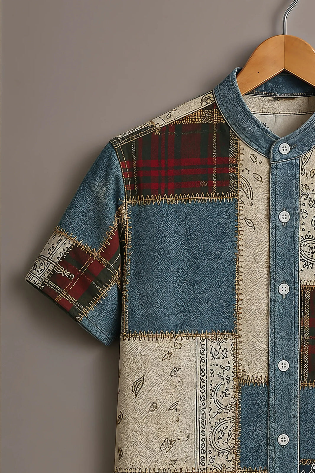 Patchwork Denim Printed Casual Shirt-Patchwork Denim Printed Casual Shirt