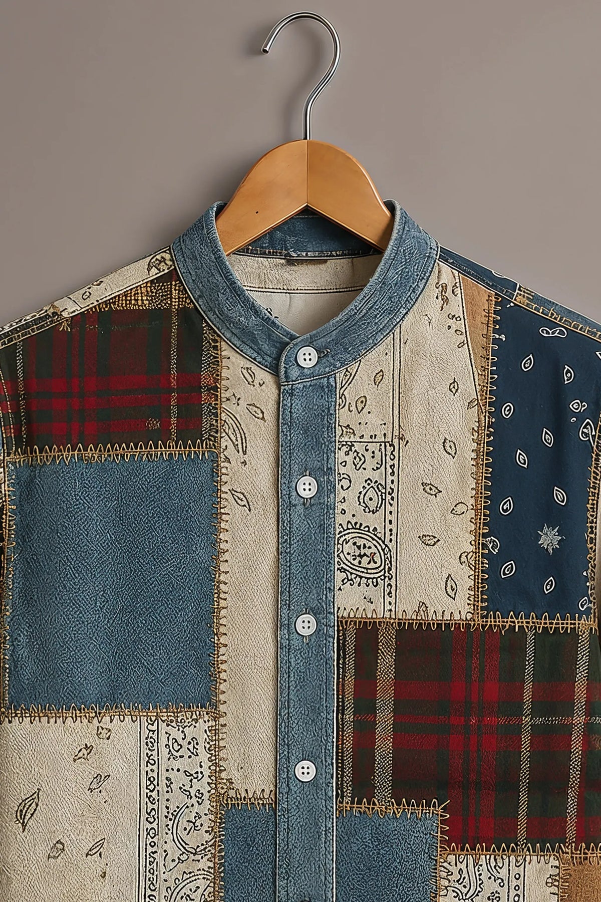 Patchwork Denim Printed Casual Shirt-Patchwork Denim Printed Casual Shirt